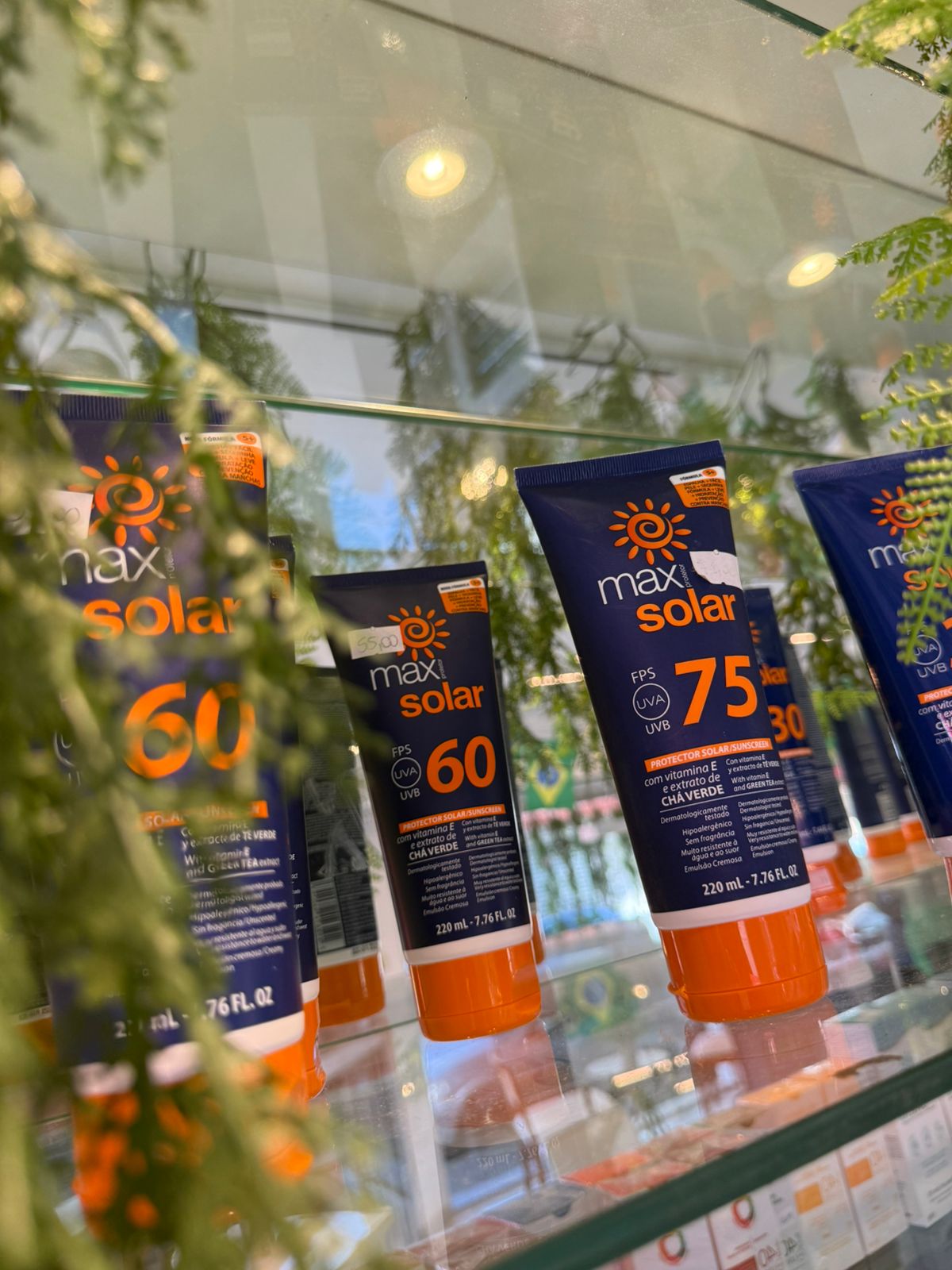 Protetor solar em vitrine com plantas